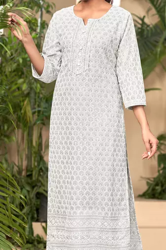 Pure viscose rayon chikankari white full stitched kurtis