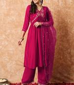 Rani pink vichitra silk thread embroidery work kurta pant set