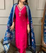 Rani pink viscose chnaderi thread embroidery work with jacquard dupatta kurta pant set