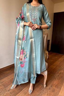 Powder Blue Viscose Thread Embroidered Salwar Suit  4