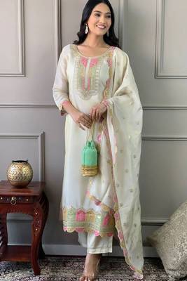 Cream viscose chanderi heavy thread embroidery work kurta pant set 1