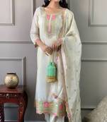 Cream viscose chanderi heavy thread embroidery work kurta pant set