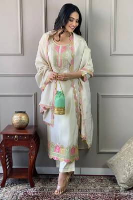 Cream viscose chanderi heavy thread embroidery work kurta pant set 2