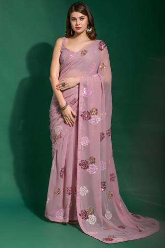 Onion Pink Georgette Sequence Flower Work Saree