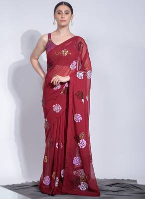 Red Georgette Sequence Flower Work Saree 1