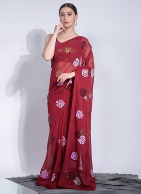 Red Georgette Sequence Flower Work Saree 2