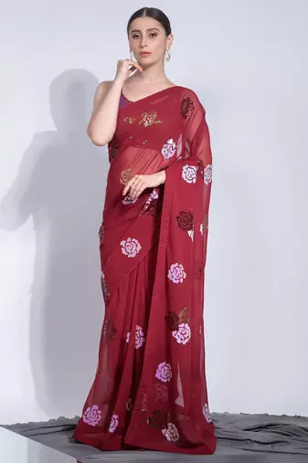 Red Georgette Sequence Flower Work Saree