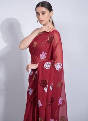 Red Georgette Sequence Flower Work Saree 4