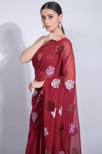 Red Georgette Sequence Flower Work Saree