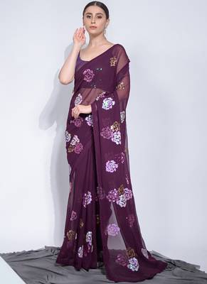 Wine Georgette Sequence Flower Work Saree 1