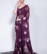 Wine Georgette Sequence Flower Work Saree