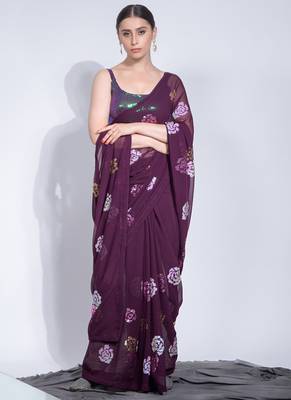 Wine Georgette Sequence Flower Work Saree 2