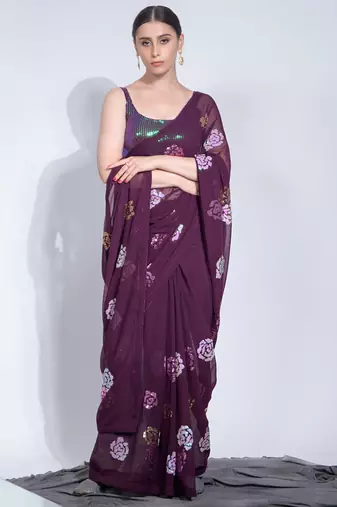 Wine Georgette Sequence Flower Work Saree