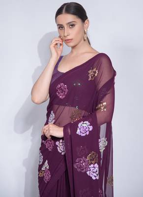 Wine Georgette Sequence Flower Work Saree 3