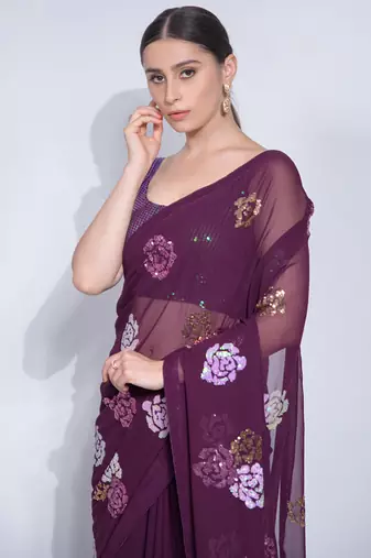 Wine Georgette Sequence Flower Work Saree