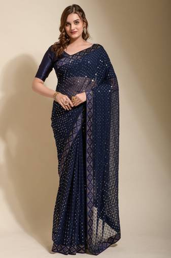 Blue Georgette Embroidered Party Wear Saree