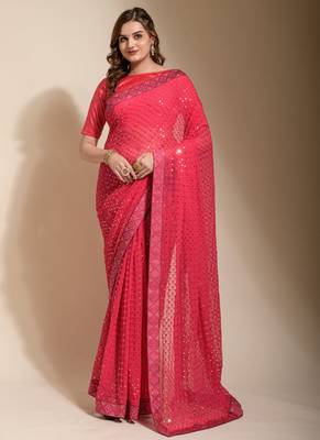 Peach Georgette Embroidered Party Wear Saree 1
