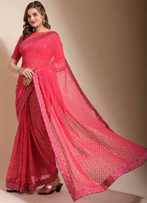 Peach Georgette Embroidered Party Wear Saree 2