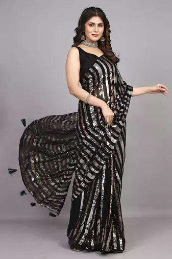 Black Georgette Embroidered Party Wear Saree