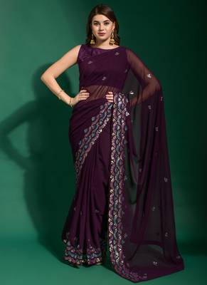 Purple Georgette Embroidered Party Wear Saree 1