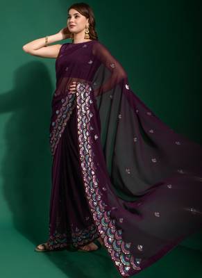 Purple Georgette Embroidered Party Wear Saree 2