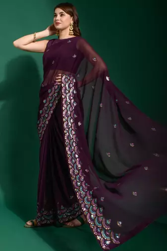 Purple Georgette Embroidered Party Wear Saree