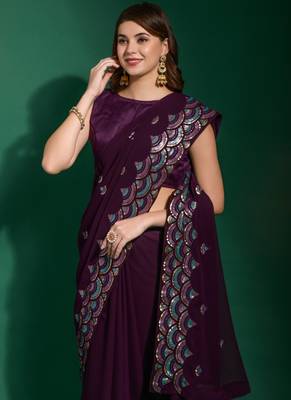 Purple Georgette Embroidered Party Wear Saree 3
