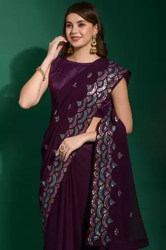Purple Georgette Embroidered Party Wear Saree