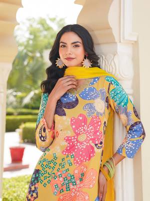 women yellow cotton blend floral printed straight kurta trouser with dupatta 1