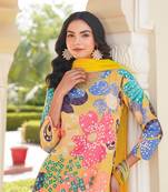 women yellow cotton blend floral printed straight kurta trouser with dupatta