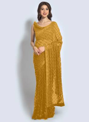 Yellow Georgette Sequence Party Wear Saree 1