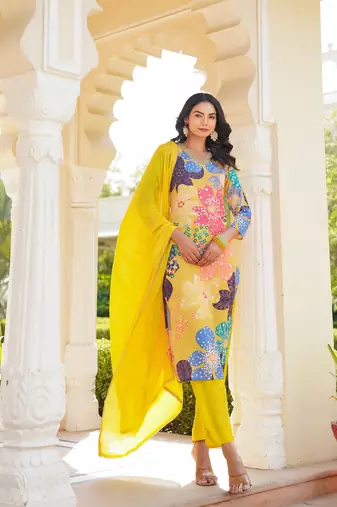 women yellow cotton blend floral printed straight kurta trouser with dupatta