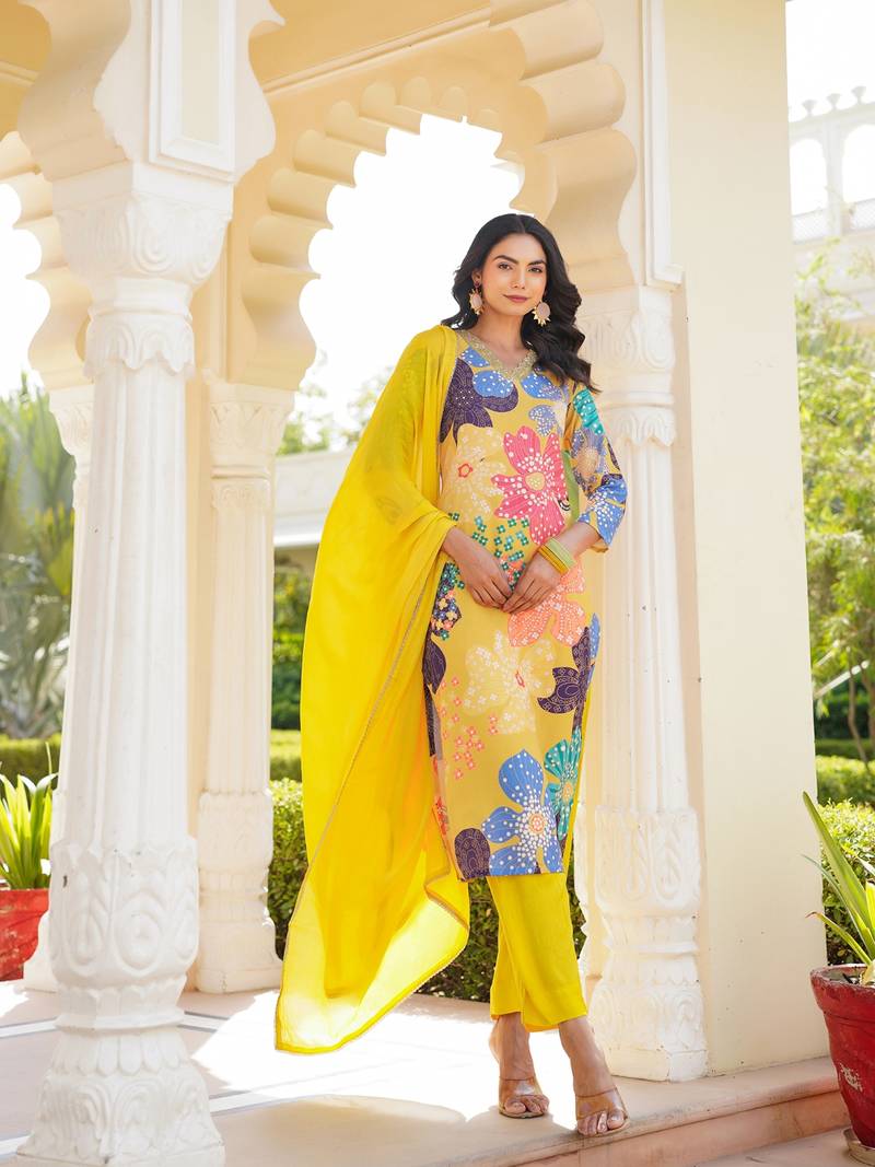 women yellow cotton blend floral printed straight kurta trouser with dupatta