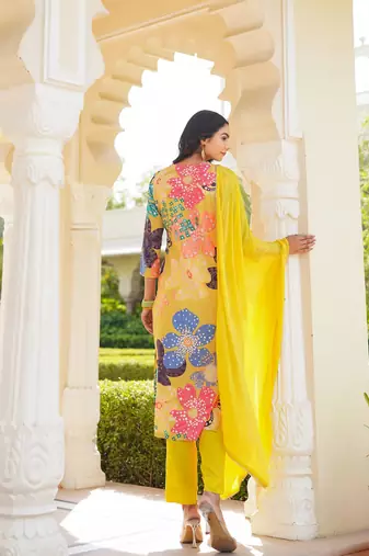 women yellow cotton blend floral printed straight kurta trouser with dupatta