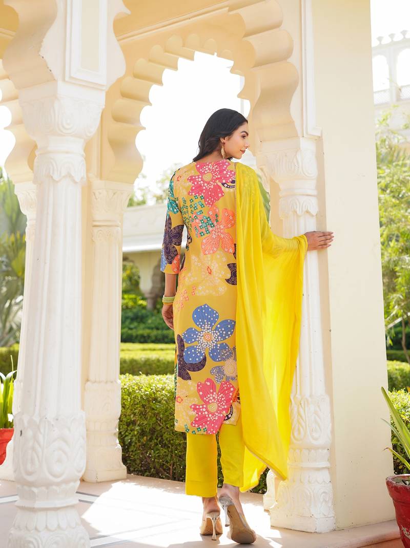 women yellow cotton blend floral printed straight kurta trouser with dupatta