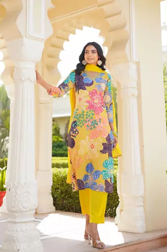 women yellow cotton blend floral printed straight kurta trouser with dupatta