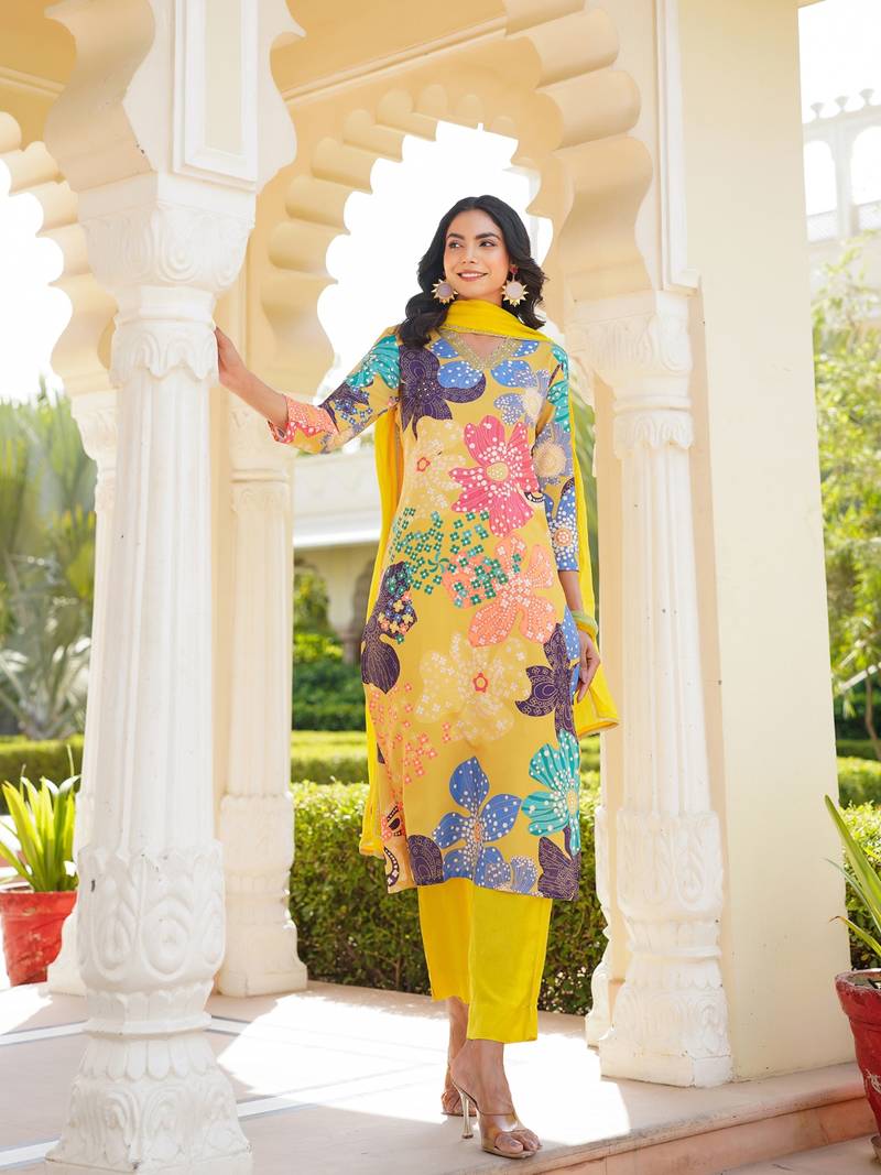 women yellow cotton blend floral printed straight kurta trouser with dupatta