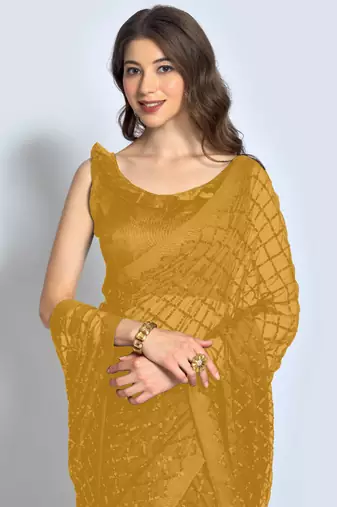 Yellow Georgette Sequence Party Wear Saree