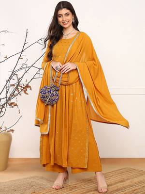 women mustard georgette solid embroidered straight kurta palazzo with dupatta 1