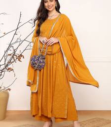 women mustard georgette solid embroidered straight kurta palazzo with dupatta