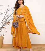 women mustard georgette solid embroidered straight kurta palazzo with dupatta