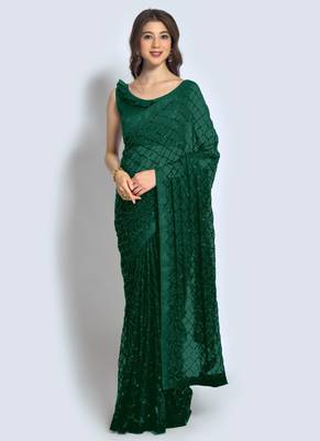 Green Georgette Sequence Party Wear Saree 1