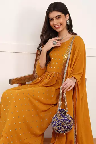 women mustard georgette solid embroidered straight kurta palazzo with dupatta