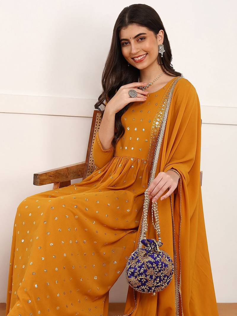 women mustard georgette solid embroidered straight kurta palazzo with dupatta