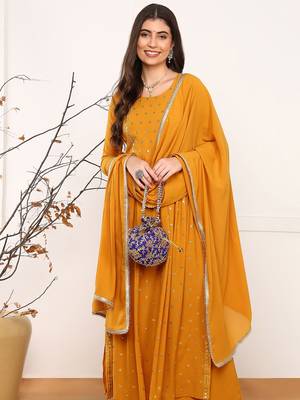 women mustard georgette solid embroidered straight kurta palazzo with dupatta 3