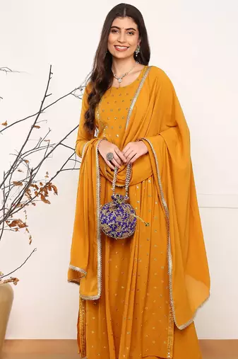 women mustard georgette solid embroidered straight kurta palazzo with dupatta