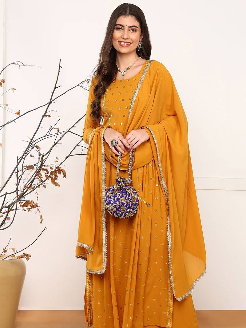 women mustard georgette solid embroidered straight kurta palazzo with dupatta