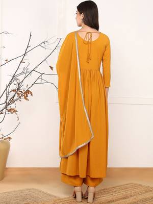 women mustard georgette solid embroidered straight kurta palazzo with dupatta 4