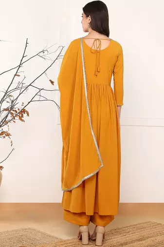 women mustard georgette solid embroidered straight kurta palazzo with dupatta