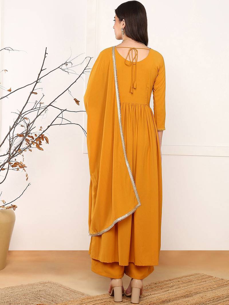 women mustard georgette solid embroidered straight kurta palazzo with dupatta
